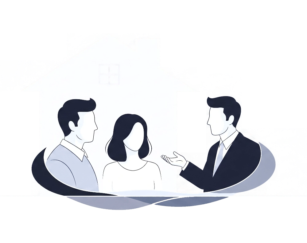 A clean cartoon illustration of a 'For Sale' sign in front of a house, representing home selling.